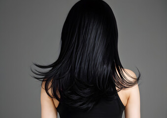 Fototapeta premium A woman with long black hair is shown with her back turned