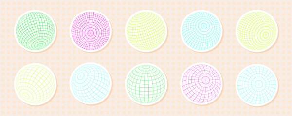 Collection of 3D spheres featuring grid and wireframe patterns. Abstract y2k sticker style with geometric, mesh globe elements in vibrant pastels and neon colors.