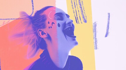 A person with an amused expression, whimsical style, laughing at a spooky Halloween comedy show, abstract background with pastel pink and yellow, HDRIs, 32k Super-Resolution, hyper-detailed,