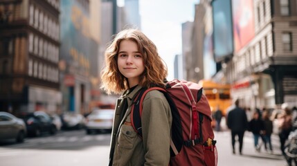 Fototapeta premium Teen girl with backpack standing on city 