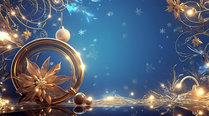 This is an elegant gold and blue festive holiday background adorned with decorations
