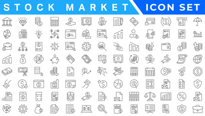 Stock market icon set. Containing stocks, stock exchange, financial goal, shares, investment, bull market, bear market and investment icons. Solid icon collection. Vector illustration