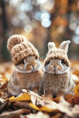 Rabbits on leaf pile