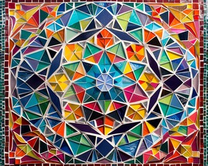A vibrant and clear photo of a colorful mosaic artwork with detailed geometric patterns