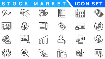 Stock market icon set. Containing stocks, stock exchange, financial goal, shares, investment, bull market, bear market and investment icons. Solid icon collection. Vector illustration