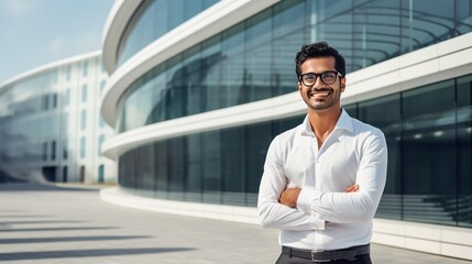 Fototapeta premium Young Indian professional with office building in the city 