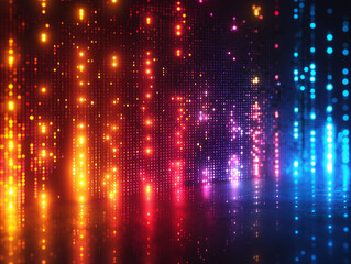 Obraz premium Colorful neon vector illustration. Square pixels. Digital lighting pattern of square pixels for sound measurement.