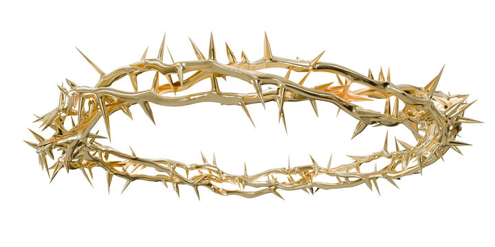 Golden Suffering: 3D Art Element. 3D rendering of a golden crown of thorns. The intricate details evoke the pain and sacrifice of the Passion of Christ (transparent background).