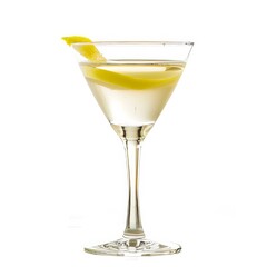 A sophisticated elderflower martini with a twist of lemon, in a chilled cocktail glass, isolated white background