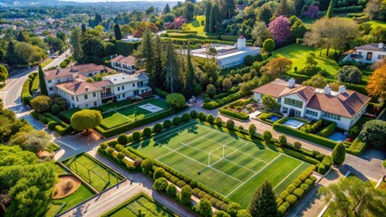 Naklejka premium Luxurious estates with manicured lawns and private tennis courts nestled among lush greenery in affluent Los Angeles neighborhood landscape.