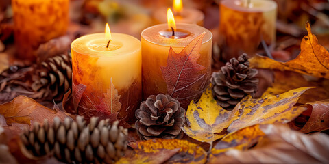 Pine cones, candles surrounded by fallen leaves, warm atmosphere, autumnal concept background, red, orange and yellow