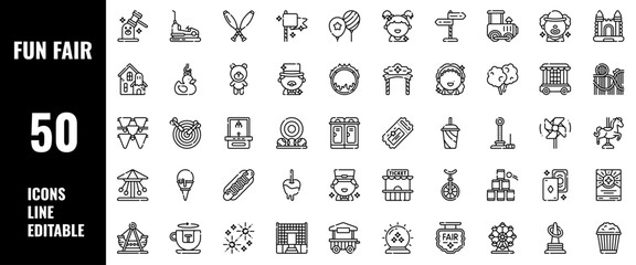 50 Fun Fair Icons Set Line Editable Vector Illustration