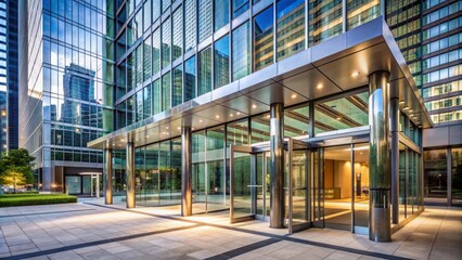 Obraz premium Contemporary office building entrance with automatic doors in metropolitan business district features sleek modern architecture and urban skyscraper design.