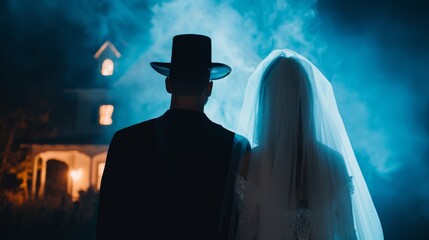 Couple dressed in spooky, creepy Halloween outfits, standing in front of a haunted house with eerie, flickering lights and ghostly apparitions