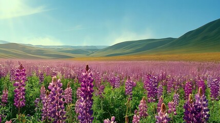 Fototapeta premium A lush field of purple flowers stands before majestic mountains, with a person positioned centrally amidst the blossoms