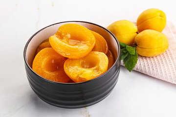 Few canned aprocots in the bowl