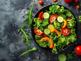 Fresh salad with tomatoes, cucumbers, bell peppers and lettuce in a black bowl.