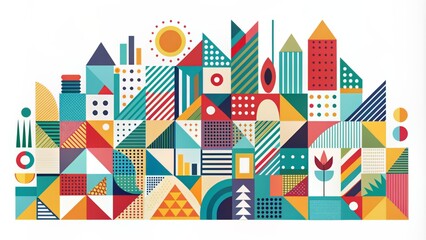 Obraz premium Stunning minimalist abstract contemporary illustration featuring bold geometric shapes and lines in a vibrant color palette on a white background.