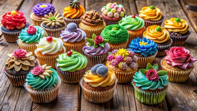 Artfully arranged assortment of colorful cupcakes and layered masterpieces adorned with intricate frosting designs on a rustic wooden table.