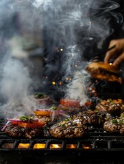 27 BBQ grill with burgers and veggies, smoke billowing, chefs hand flipping food, closeup, high contrast, appetizing scene