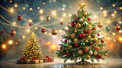 Festive Christmas scene featuring ornate tree decorated with baubles, garlands, and sparkling lights, set against a clear transparent background.