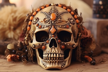 Human's skull decorated with boho jewelry and beads, vintage style .