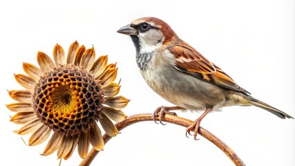 A solitary house sparrow songbird perches on a dry sunflower stem, isolated against a pure white background, perfect for design elements.