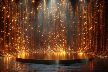 Golden podium stage with product display on abstract gold background - Luxury studio scene for premium awards ceremony or elegant winner template