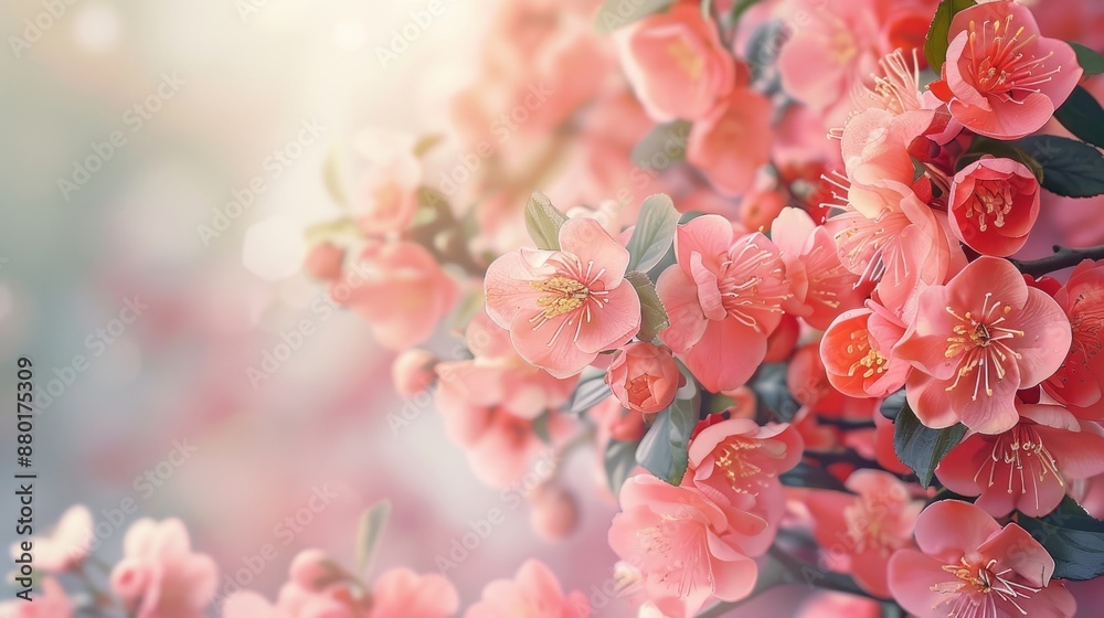 Sticker Pink Japanese quince tree in full bloom with copy space background