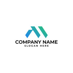 The AM initial logomark with the letter A is in the shape of upward arrow and blue green gradient in modern geometric minimalist and technology style