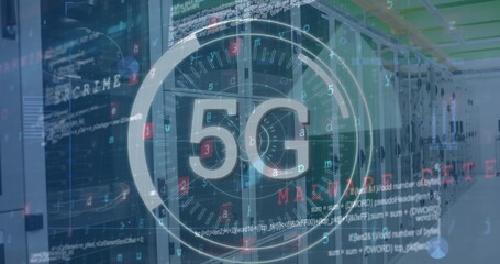 Image of data processing and scope scanning with 5g text over server room