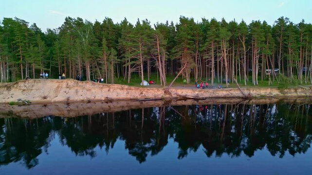 Tourists With Tents On Irbes Ieteka, Kempings Campground In Latvia. Aerial Shot