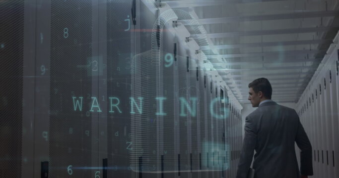 Image of data processing and padlock icon over caucasian businessman in server room