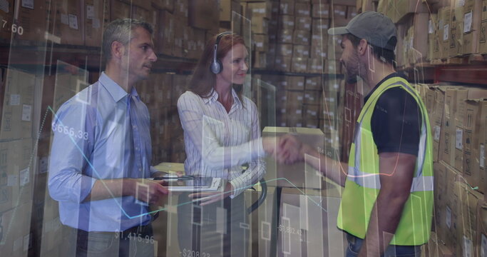 Image of data processing over team of diverse supervisor and workers discussing at the warehouse