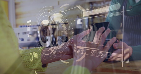 Image of digital interface over people using payment terminal