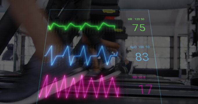 Image of cardiograph over diverse people exercising