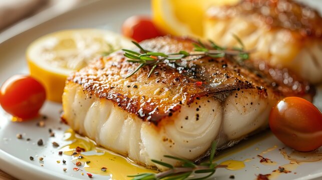 A close-up shot of fresh and delicious halibut fillet on a white plate