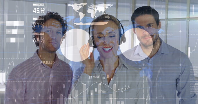 Image of data processing over caucasian business people smiling