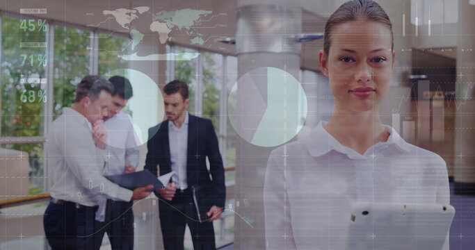 Image of data processing over diverse business people talking