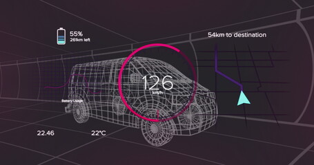 Image of speedometer and power level over van project on black background