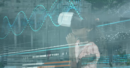 Image of data processing over caucasian girl with vr headset