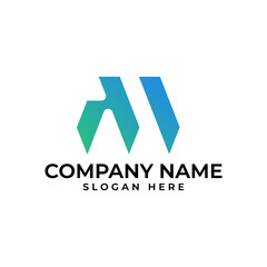 The AM initial logomark with the letter A is in the shape of upward arrow and blue green gradient in modern minimalist and technology style