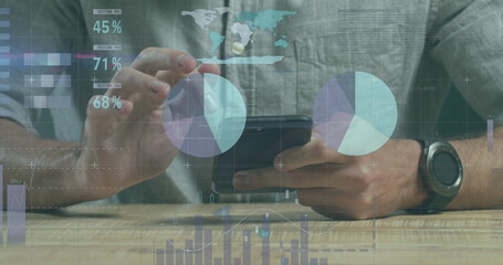 Image of data processing over african american men wearing face mask using smartphone