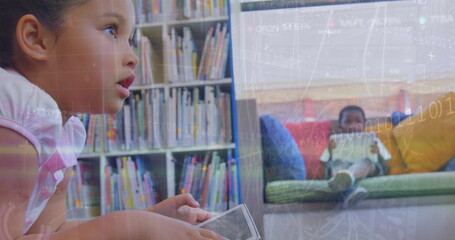 Image of codes and infographics over african american girl and boy using technology in library