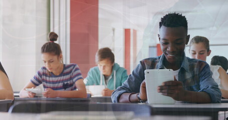 Image of multiracial students using tablets in classroom and surgeon wearing gloves in hospital