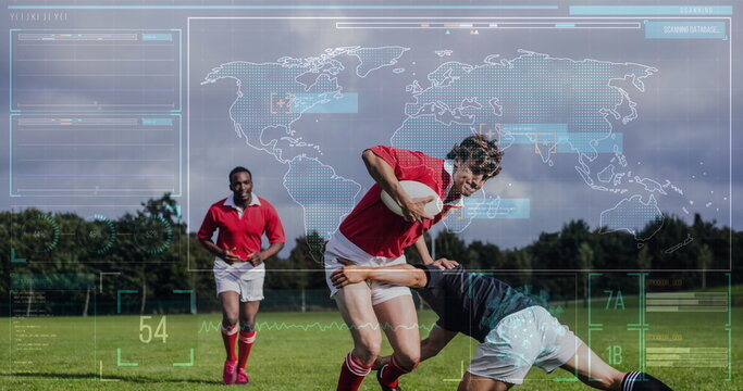 Image of data processing over diverse male rugby players