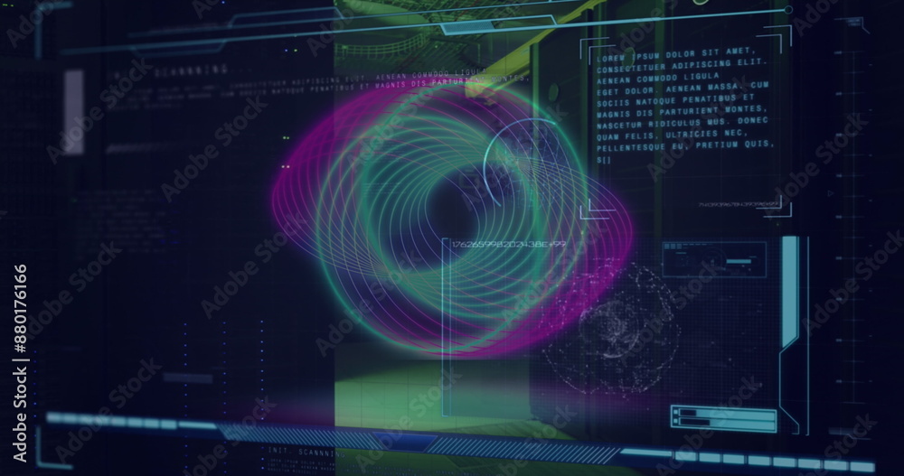 Poster image of circles and data processing over server room