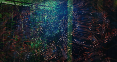 Image of our vision text over reading glass and server room