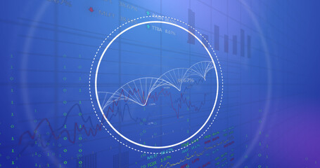 Image of dna strand over data processing