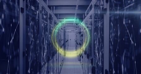 Image of neon shapes over server room